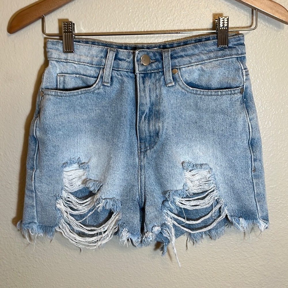 Bp Blue Distressed High Rise Cotton Jean Shorts